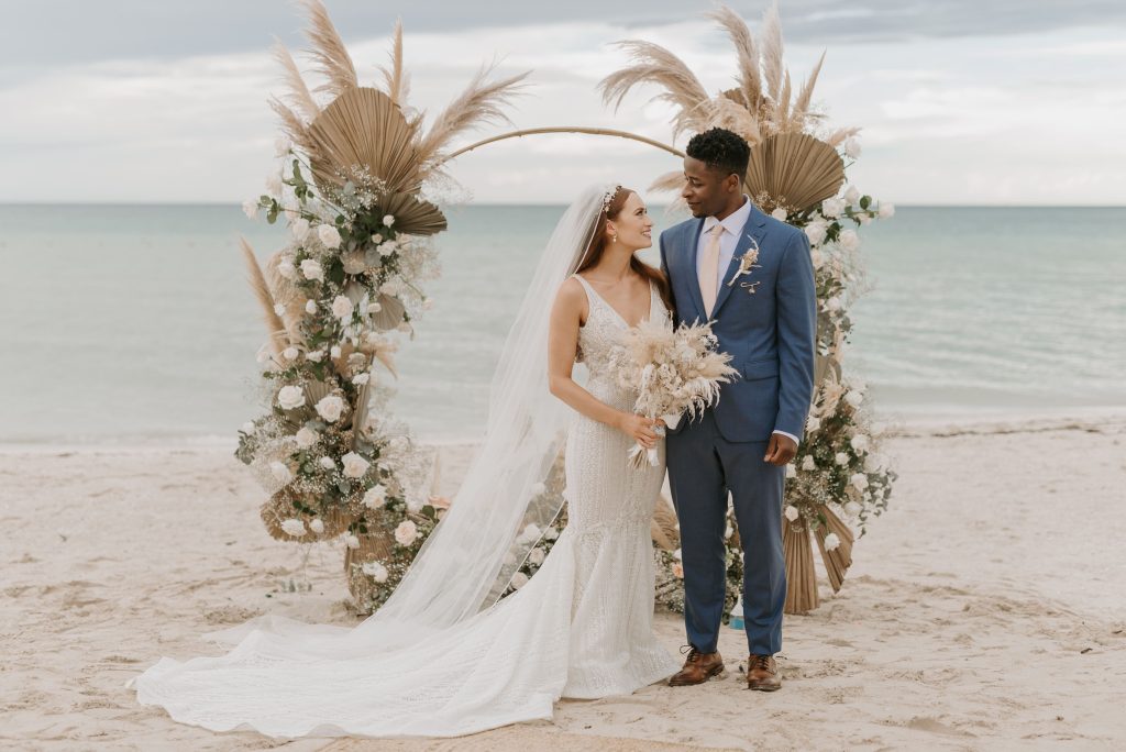 beach wedding bride and groom