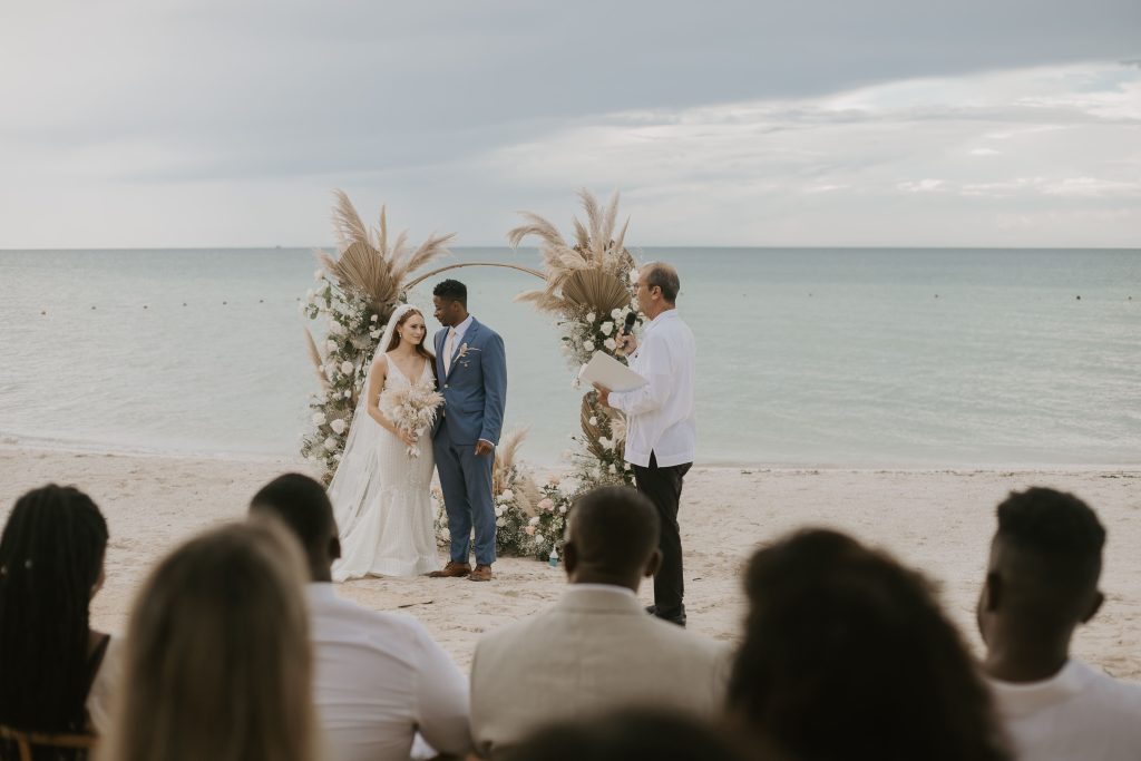 beach wedding bride and groom