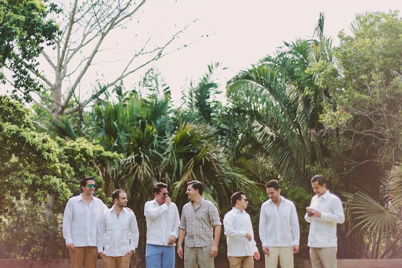 Groom and bestmen, wearing guayaberas at Destination Wedding in Yucatecan Hacienda